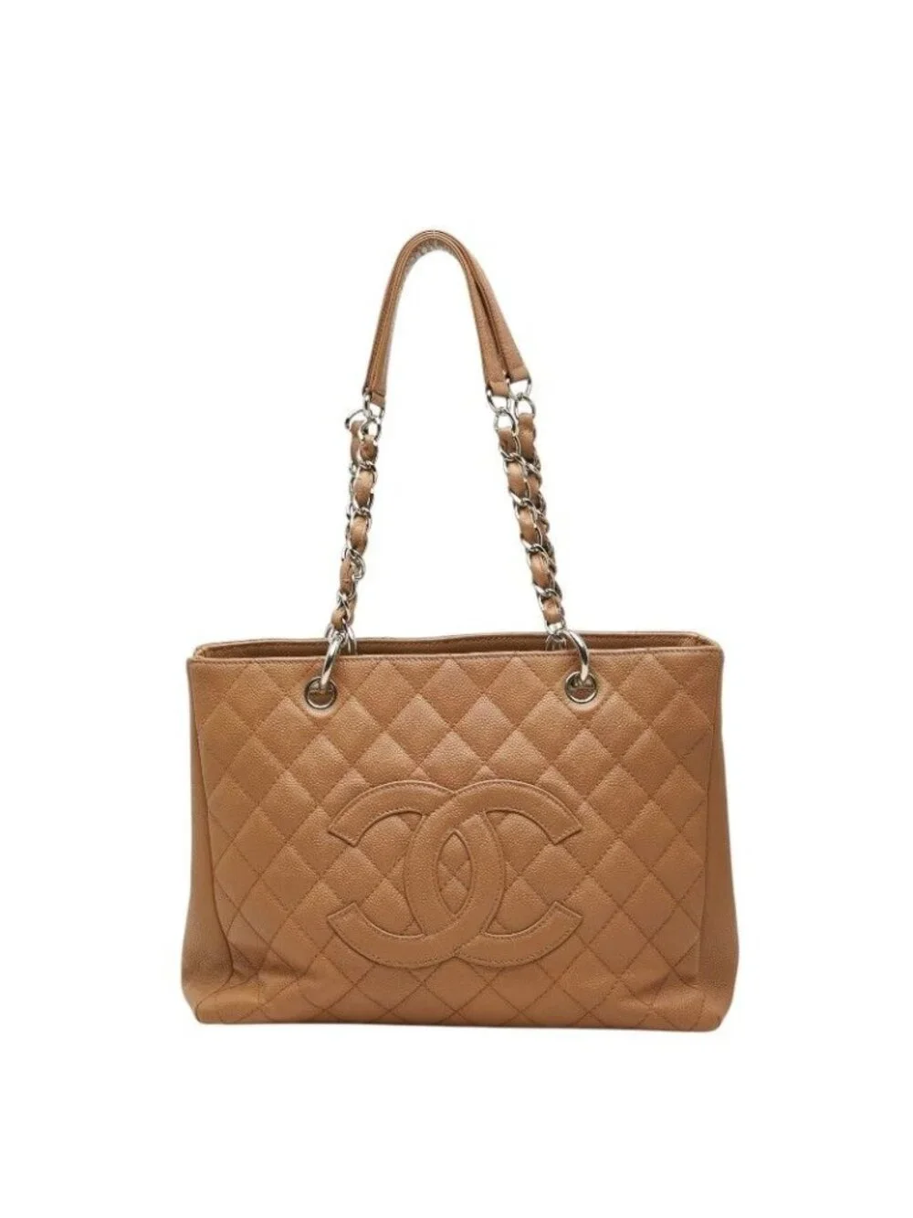 Chanel Quilted CC Logo Grand Shopping Tote GST Chain Shoulder Bag Beige Caviar